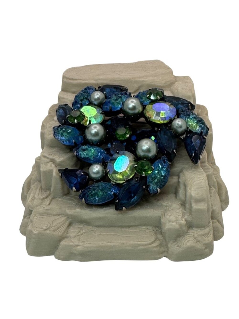 Molded Glass AB Kramer Blue & Green Rhinestone Brooch Pearls Aurora Borealis 2"